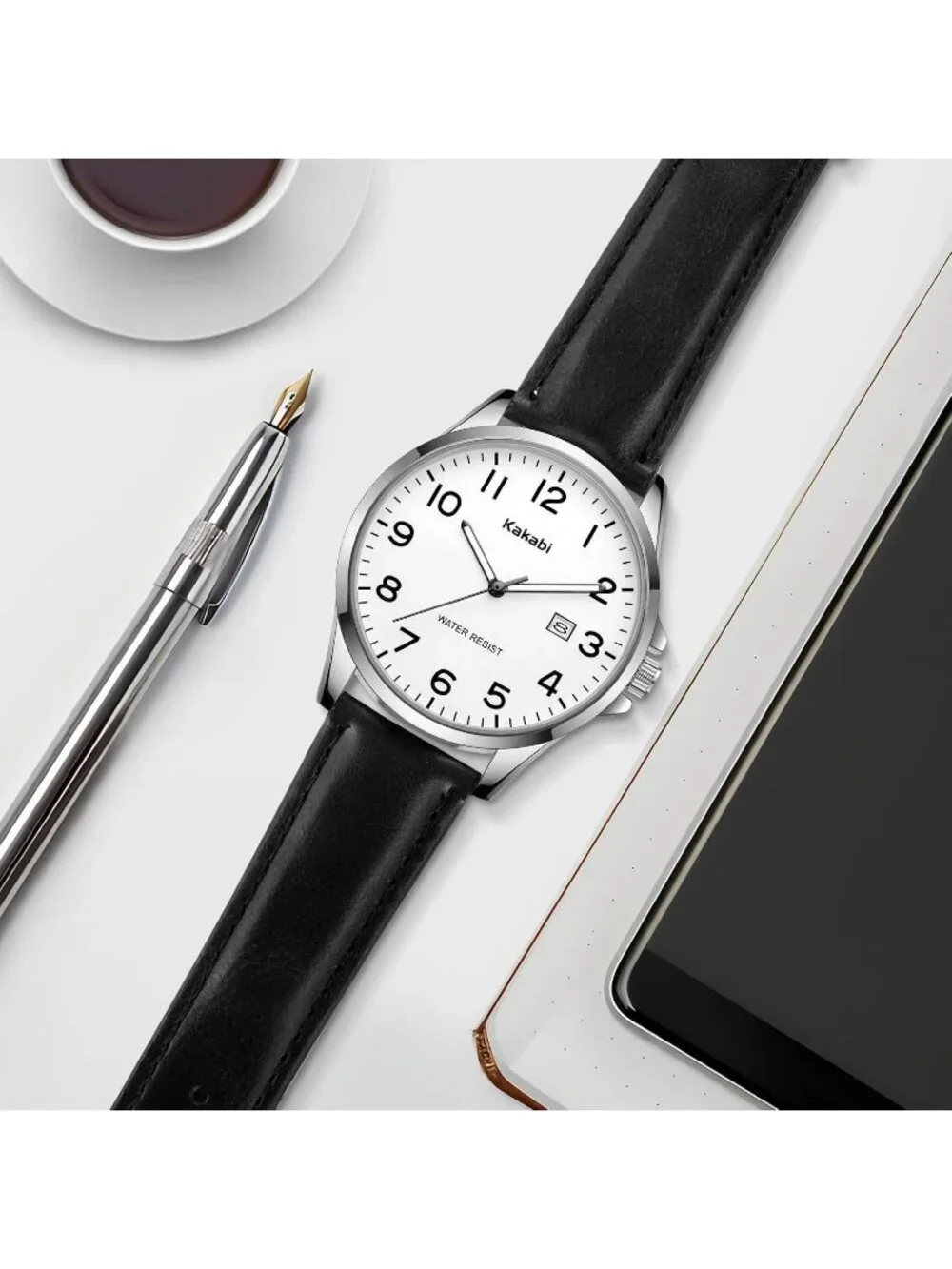 Men's White Black Leather Strap Analog Quartz Waterproof Minimalist Wrist Watch